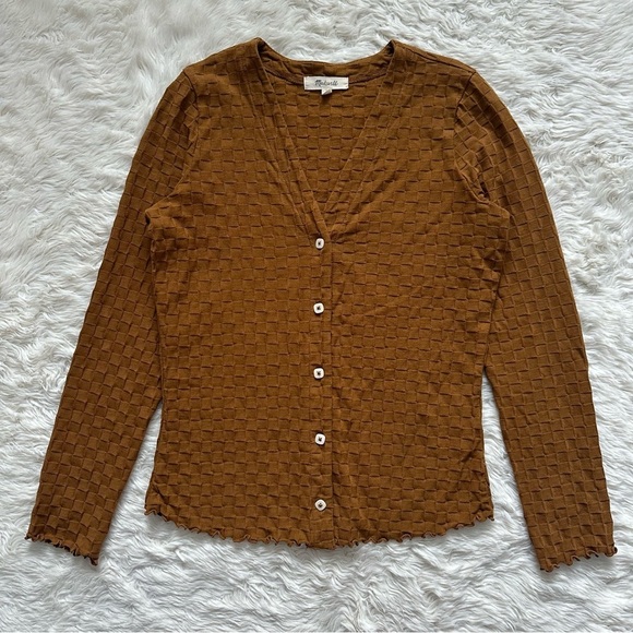 Madewell Top V-Neck Cardigan in Checkerboard Jacquard Button Front Sepia XS - Picture 3 of 12